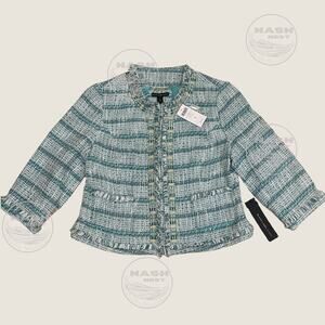 Chico’s Black Label M Tweed Jacket | Embellished Shell Enamel Tile Trim Aqua NWT